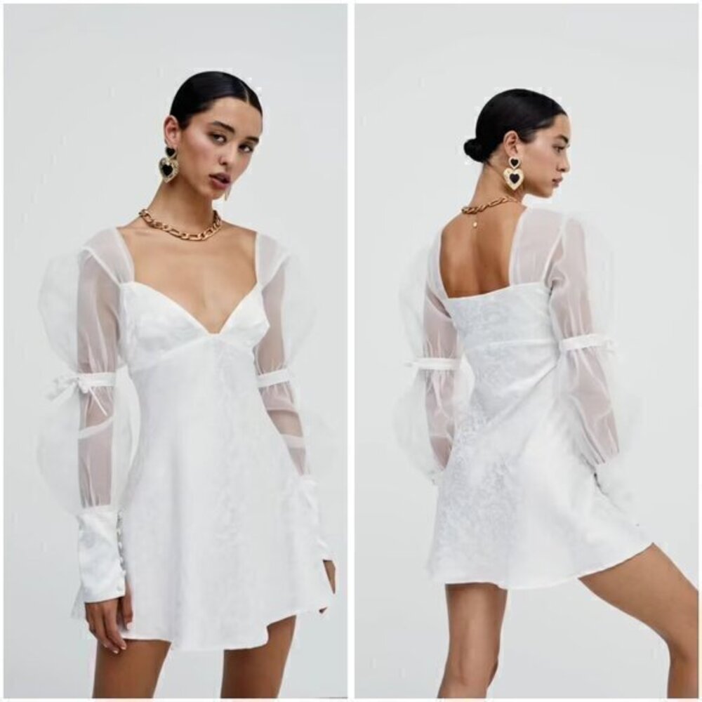 For Love & Lemons Gabrielle Mini Puff Dress in White Size XS